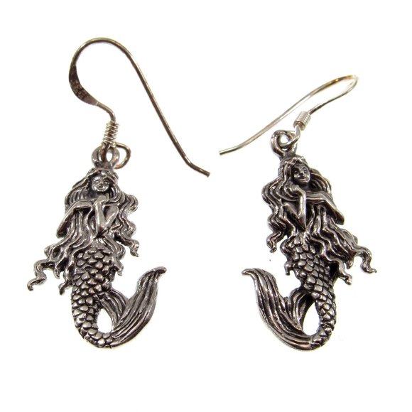 Handcrafted Solid 925 Sterling Silver 3D Mermaid Drop Dangle Hook Earrings - Picture 1 of 5